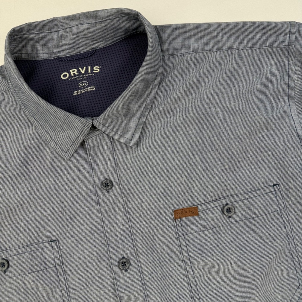 Orvis Classic Collection Mens XXL Blue Short Sleeve Shirt Polyester Lightweight